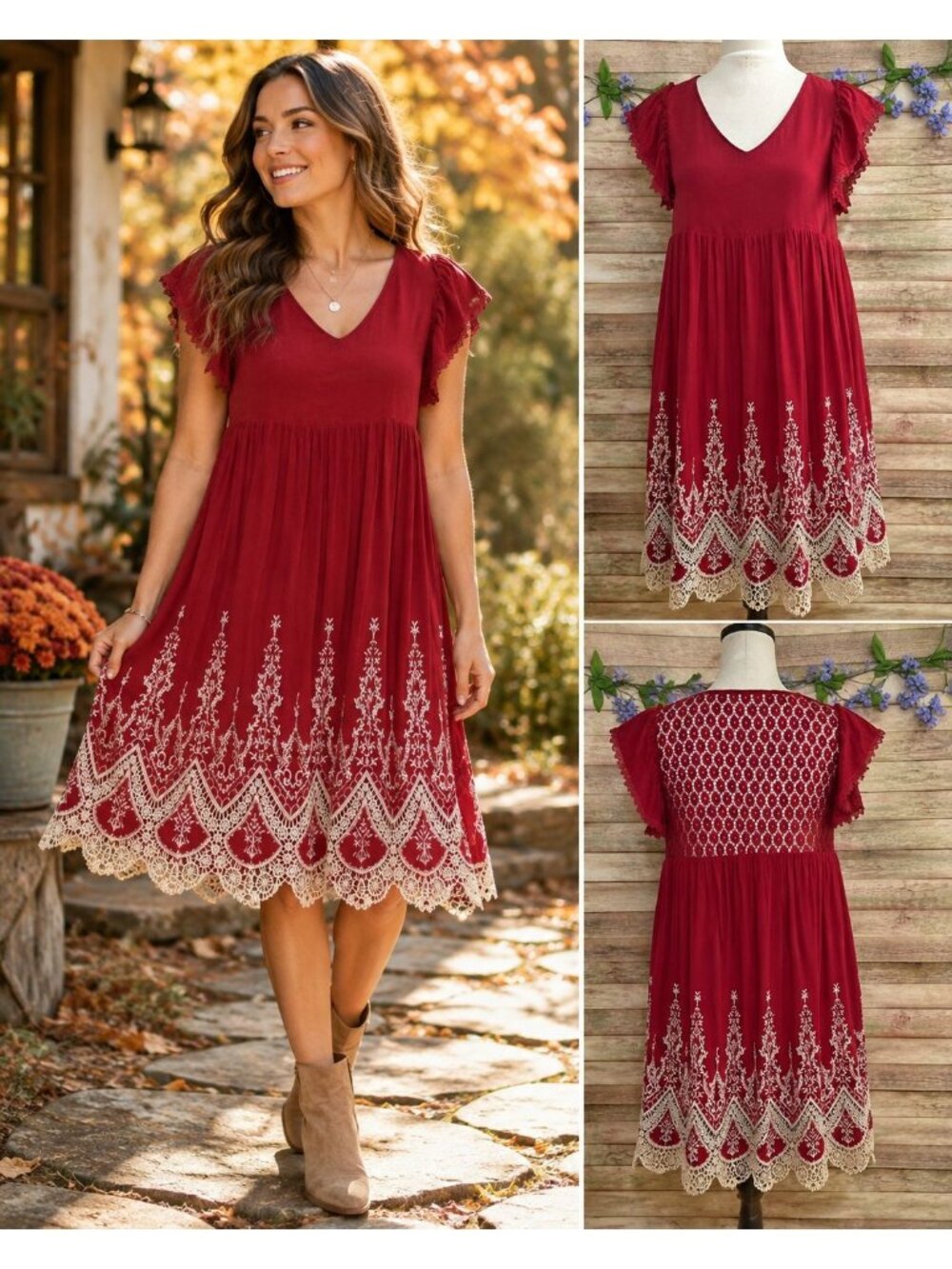 Altar'd State Dress Size M Red Embroidered Lace Boho Fit Flare Cottagecore
